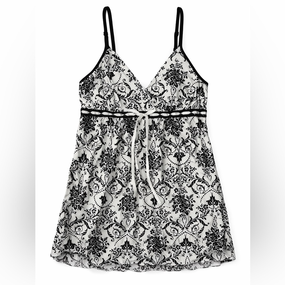 Black White Floral Sleepwear Chemise Nightgown Size Small Lace Trim